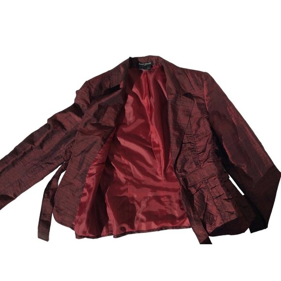 Mario Serrani Tie-Waist Metallic Wine Red Ruched Blazer Jacket - Size 10 - Picture 7 of 11